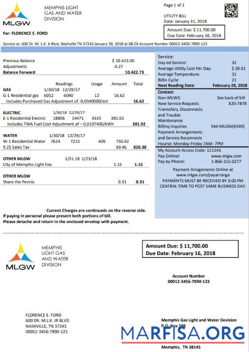Blank USA Tennessee MLGW utility bill template in Word and PDF format